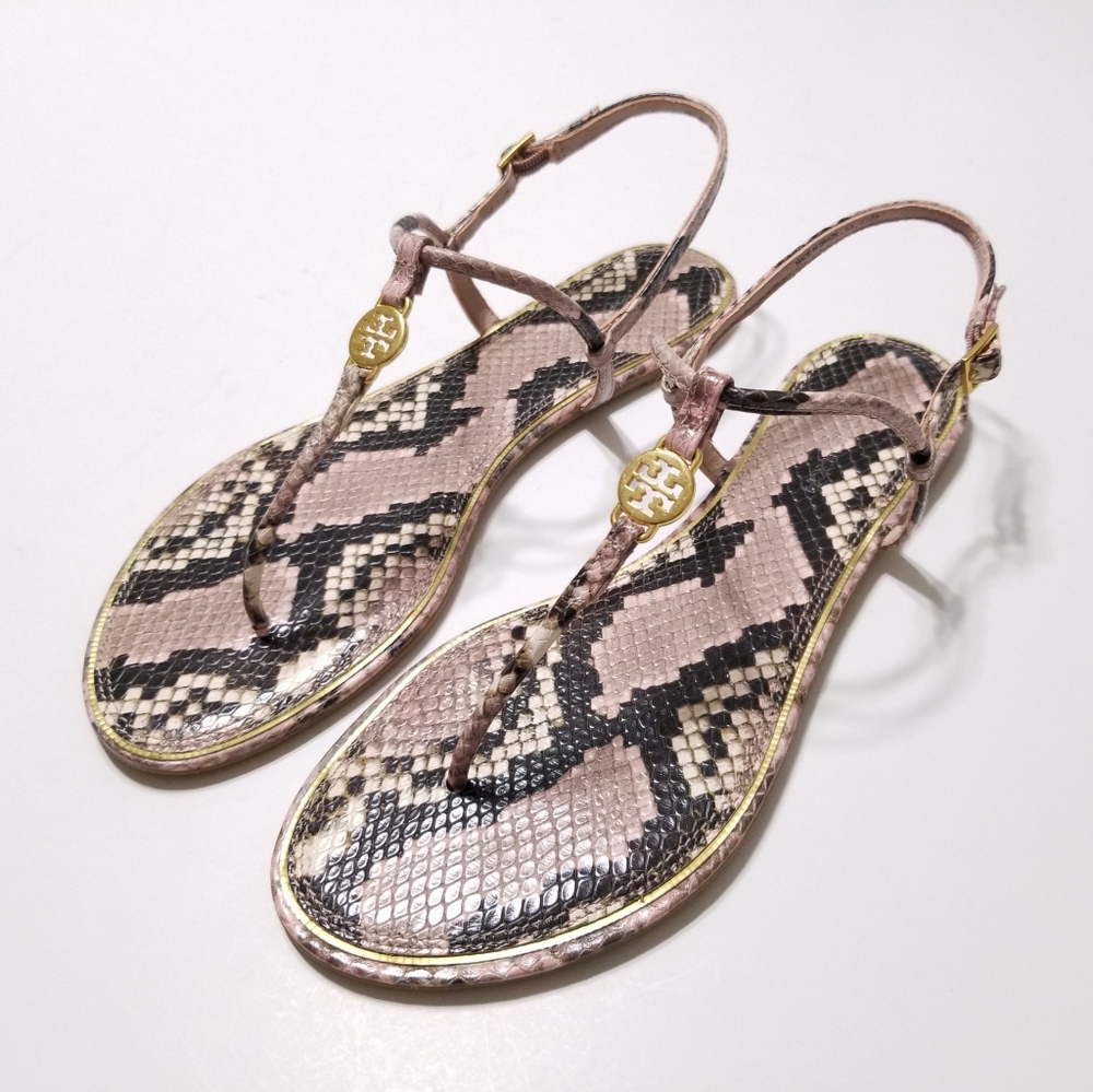 NIB Tory Burch Emmy Snake Printed‎ Leather T-Strap Flat Sandal in Misty Rose